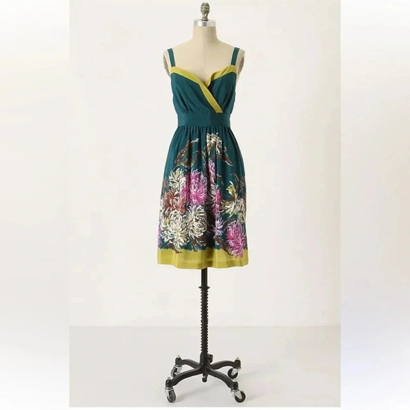 Anthroplogie Maeve Impressionists Dream Dress 100% Silk Teal Floral Size 0 - Picture 1 of 7